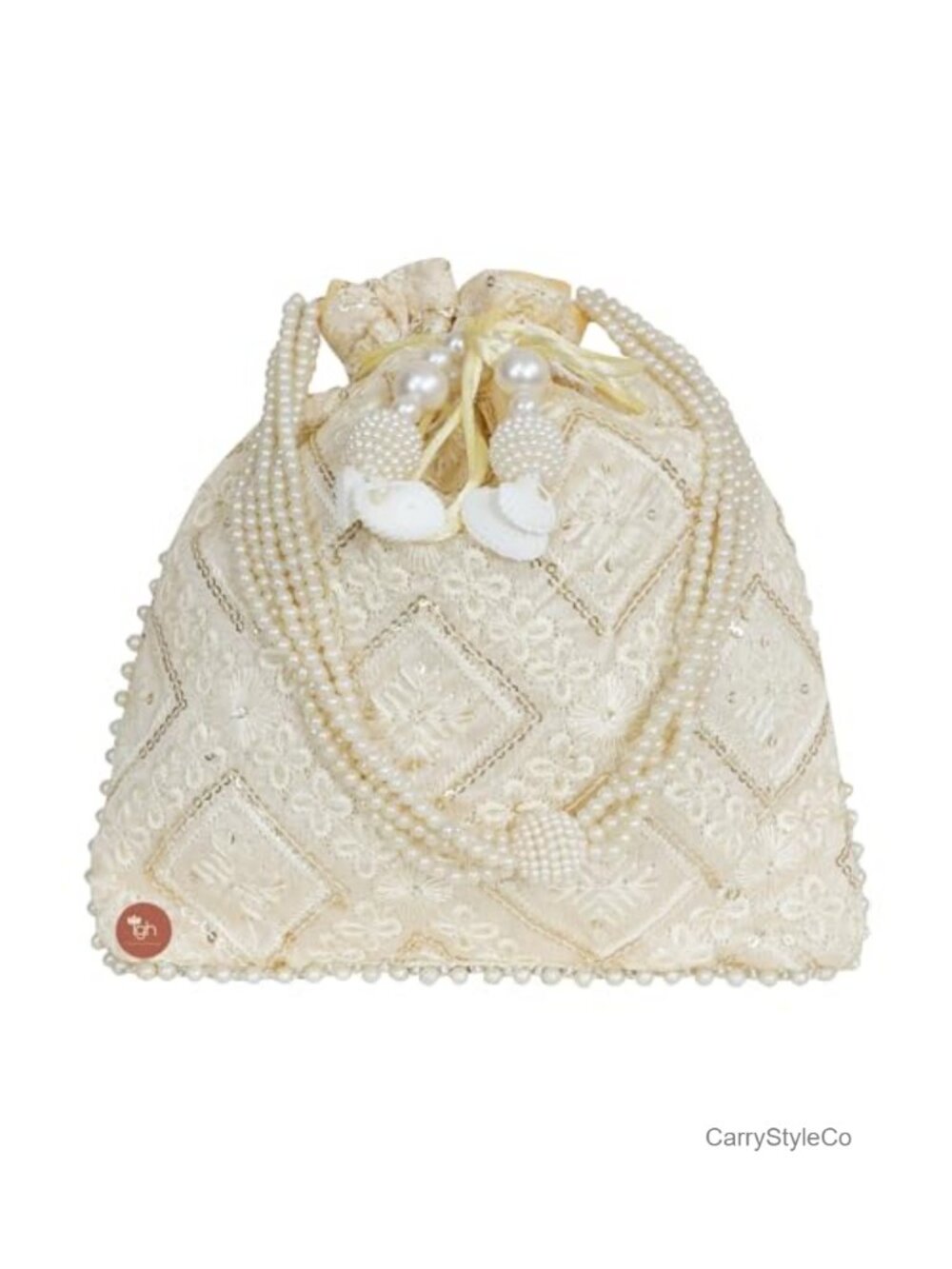 Silk Chikankari Potli Clutch Moti Handle Bridal Ethnic Wristlet Bag